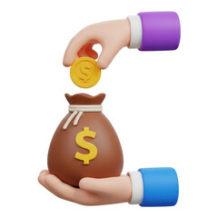 Hand putting coin in money bag isolated on transparent background in 3d render