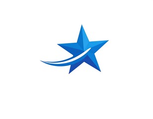 Blue five-pointed star with curved line, minimalist design on white
