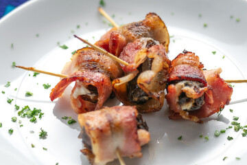 Photograph of informal food made from bacon, meat and cheese placed on a white plate with small herbs scattered with camera desniff