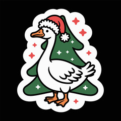 Christmas Goose with Santa Hat and Tree Illustration