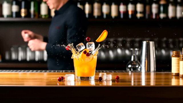 A vibrant cocktail splashing with ice and fruit, set against a blurred bar background