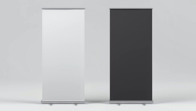 Blank white and black roll-up banner set display mockup, isolated, 3d rendering. Clear rollup baner design mock up, front view. Empty roller sign board template stand