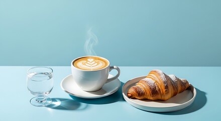 Refreshing minimalist breakfast setup with latte, water and croissant