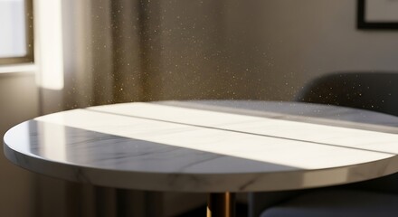 Sunlit marble table corner with dust particles reveals a serene, inviting interior ambiance and elegant design,