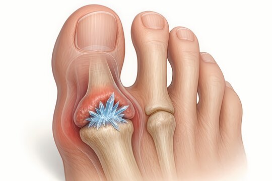 A detailed medical illustration showing uric acid crystals forming in a swollen toe joint, symbolizing the severe pain and inflammation caused by gout in a visually striking crystalline form.
