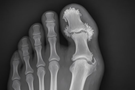 X-ray style illustration showing the foot bones of a gout patient with visible uric acid deposits around the joint, depicting bone erosion and tophi formation for medical and educational use.
