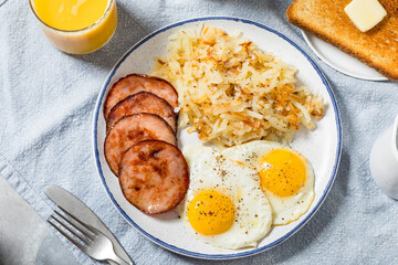Healthy Homemade Eggs Canadian Bacon and Hash Brown Breakfast
