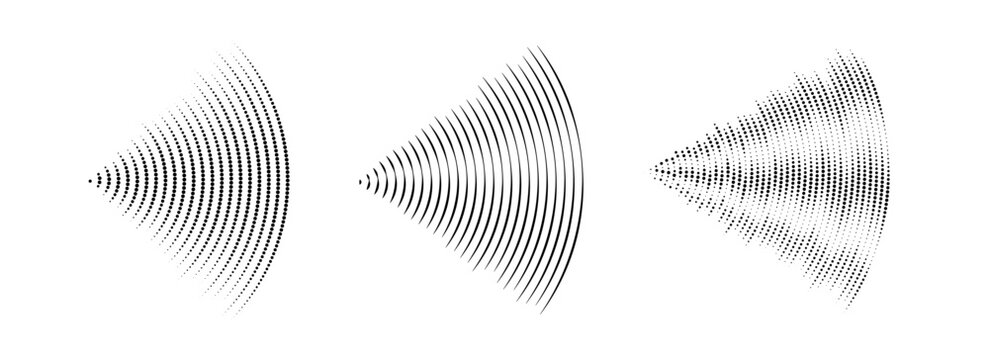 Dotted and linear sound wave signal set. Radial radio and music audio icon collection. Rippled radar vibration element sign bundle. Curved impulse lines pack. Echo soundwave symbols. Vector