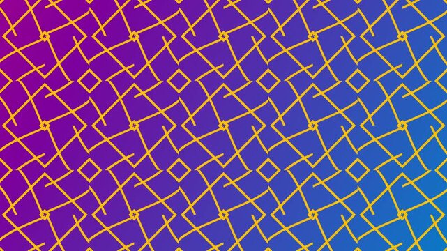 Abstract geometric pattern with yellow lines on a purple to blue gradient background. Modern seamless design for wallpaper, textile, or digital art projects.