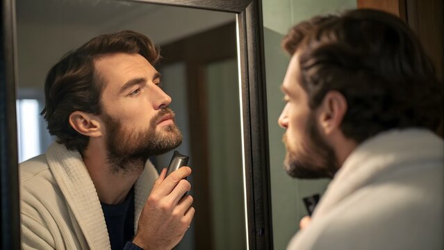 Honest Grooming: Man Brushing Beard in Mirror. Close-up of man brushing his beard dry in front of a mirror, subtle shadows and natural skin texture — authentic grooming moment.