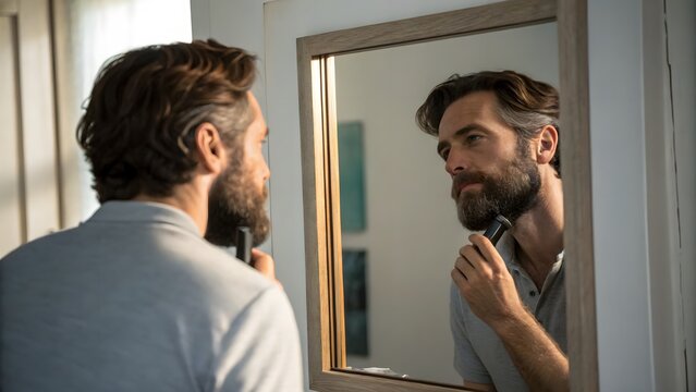Honest Grooming: Man Brushing Beard in Mirror. Close-up of man brushing his beard dry in front of a mirror, subtle shadows and natural skin texture — authentic grooming moment.