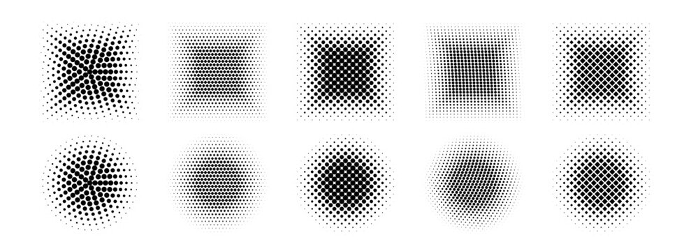 Gradient halftone shape set. Dotted textured round and square patterns. Cartoon faded background collection. Pixel bitmap element pack for frame, poster, collage, banner. Vector comic border bundle