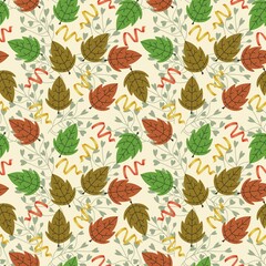 Retro Autumn Leaf Seamless Pattern, Cozy Fall Foliage and Ribbon Background, Earth Tones Textile for Thanksgiving and Seasonal Decor.