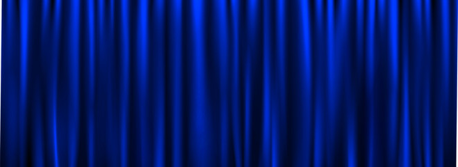 Naklejka na ściany i meble Royal blue velvet curtain background. Closed curtains backdrop for theater stage or cinema, circus. Fabric drapery wallpaper for award, show, performance. Vector navy textile room scene banner concept