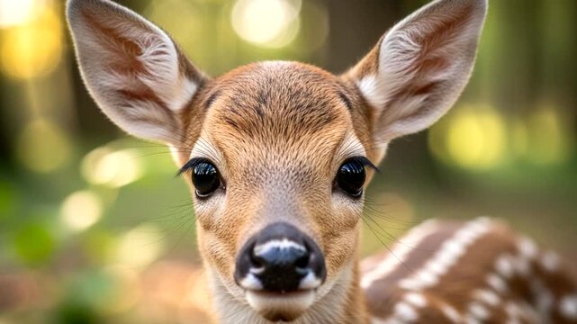 Close-up of a young deer in a forest setting, surrounded by soft, dappled sunlight and greenery