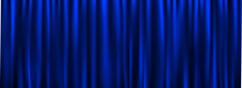 Royal blue velvet curtain background. Closed curtains backdrop for theater stage or cinema, circus. Fabric drapery wallpaper for award, show, performance. Vector navy textile room scene banner concept
