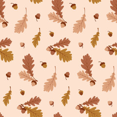 Oak acorns and leaves seamless pattern. Cozy autumn background with brown acorns and foliage, Fall season. Vector illustration in flat style.