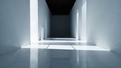 Minimalist Studio Setup with White Reflective Surfaces A minimalist, sterile white studio environment with polished, highly reflective white surfaces. The reflections create an illusion of infinite