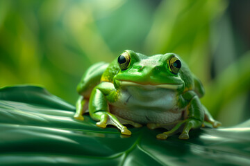 Obraz premium Bright green frog resting on a large leaf among tropical greenery. Realistic macro wildlife photo with soft bokeh and natural lighting