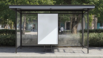 Fototapeta premium Bus stop billboard Mockup in empty street in Paris. Parisian hoarding advertisement close to a park in beautiful city