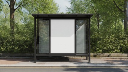 Bus stop billboard Mockup in empty street in Paris. Parisian hoarding advertisement close to a park in beautiful city