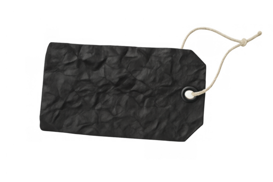 Blank black wrinkled paper tag with string and metal eyelet, presenting price, sale, shopping, and discount concepts - Powered by Adobe