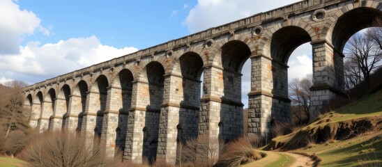 Obraz premium Historic stone aqueduct stretching through a scenic landscape under a blue sky.