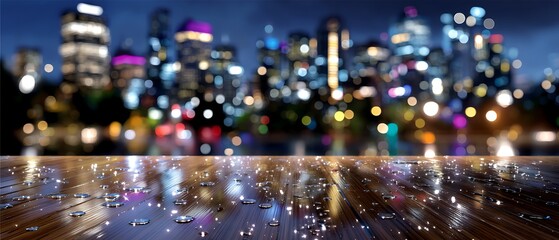 Sparkling Surface with Dew Drops Over City Skyline at Night in Blurred Background