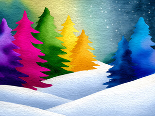 Colorful Christmas Trees in Snowy Landscape with Starry Night Sky Background