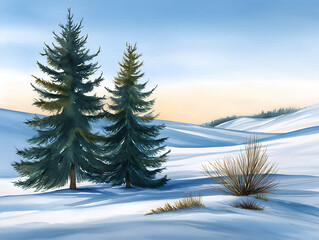 Serene Winter Landscape with Evergreen Trees and Snowy Hills under Soft Sky Light