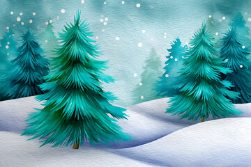 Winter Landscape with Snowy Trees and Soft Blue Background in Watercolor Style