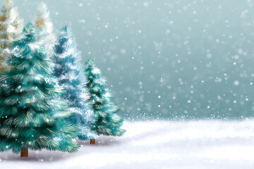 Sparkling Winter Wonderland with Snowy Evergreens and Soft Falling Snowflakes