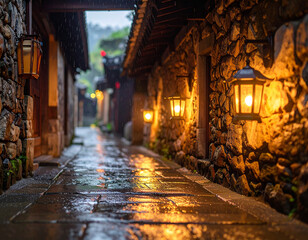 Obraz premium Rustic stone alleyway with glowing lanterns during a rainy night.