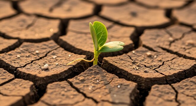 Resilience and perseverance: A tiny sprout emerging from the cracked earth symbolizes hope and renewed life in