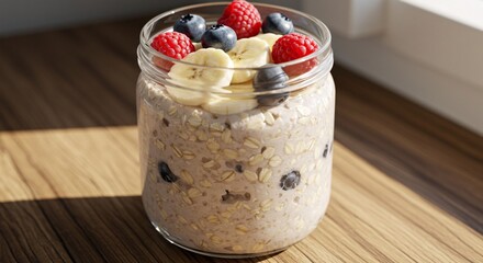 A glass jar of delicious overnight oats topped with fresh bananas, raspberries, and blueberries on a wooden table in the morning light
