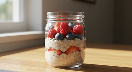 Nutritious overnight oats layered with fresh strawberries and topped with blueberries and raspberries, a perfect healthy breakfast in a jar