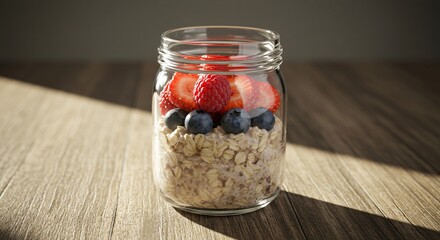 A sunlit glass jar of overnight oats topped with fresh strawberries and blueberries, a healthy breakfast on a rustic wooden table