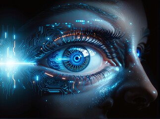 A futuristic eye fused with digital circuitry, glowing blue and pulsing with data streams  symbolizing the fusion of human vision and artificial intelligence.