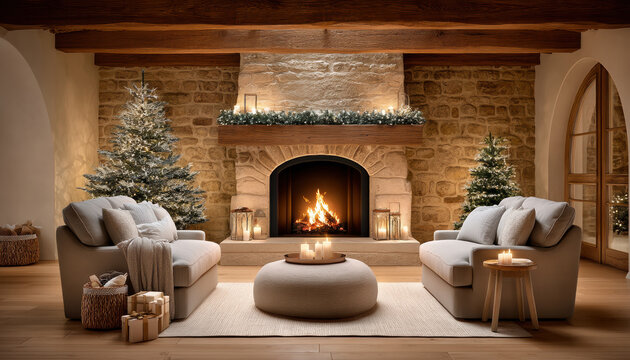 Cozy holiday living room with fireplace, Christmas trees and warm candlelight - Powered by Adobe