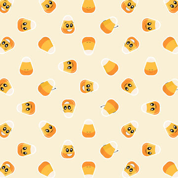 Candy corn seamless pattern with emoji faces for Halloween and festive Autumn treat