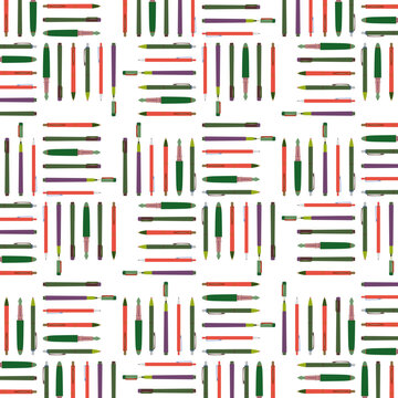 Office supply pens seamless pattern with colorful hash grid layout in vector illustration format