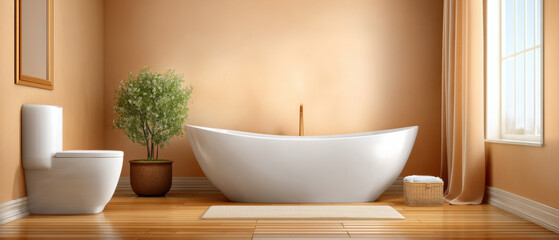 Fototapeta premium Modern freestanding bathtub in warm minimalist bathroom with plant and natural light