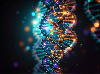 A glowing, stylized DNA double helix spirals against a dark background adorned with vibrant bokeh lights and particles, symbolizing genetic science in vivid, futuristic hues of blue, orange, purple, a