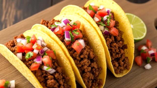 Deliciously arranged tacos filled with seasoned meat, topped with fresh salsa and lime on a wooden board