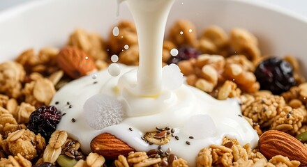 Fototapeta premium Healthy breakfast granola bowl, drizzled with rich, creamy milk flow