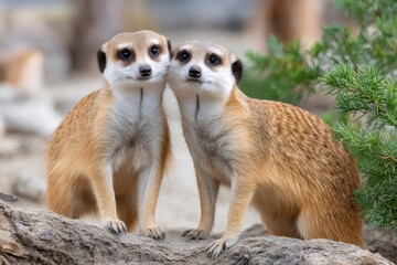 Fototapeta premium Pair of meerkats standing alert together on rock