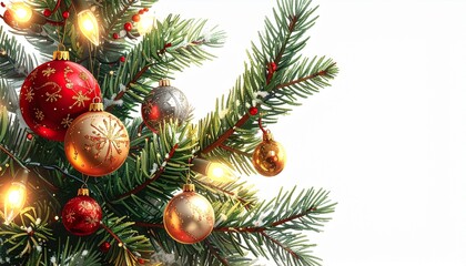 Christmas tree branch with ornaments and lights on white background.