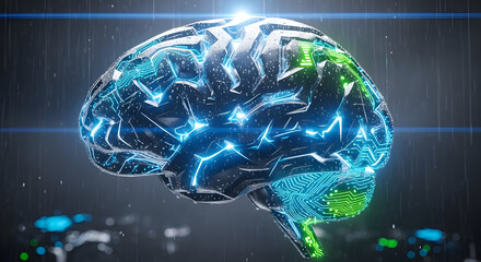 A futuristic digital brain glowing with blue and green neural network activity, symbolizing artificial intelligence and advanced technology.
