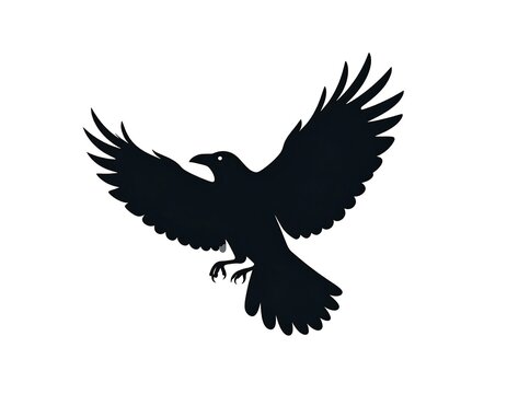 Black silhouette of a raven with wings outstretched against white backdrop
