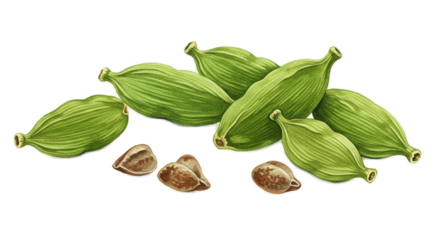 Green Cardamom Pods Spice Isolated on Green Background Realistic Photo